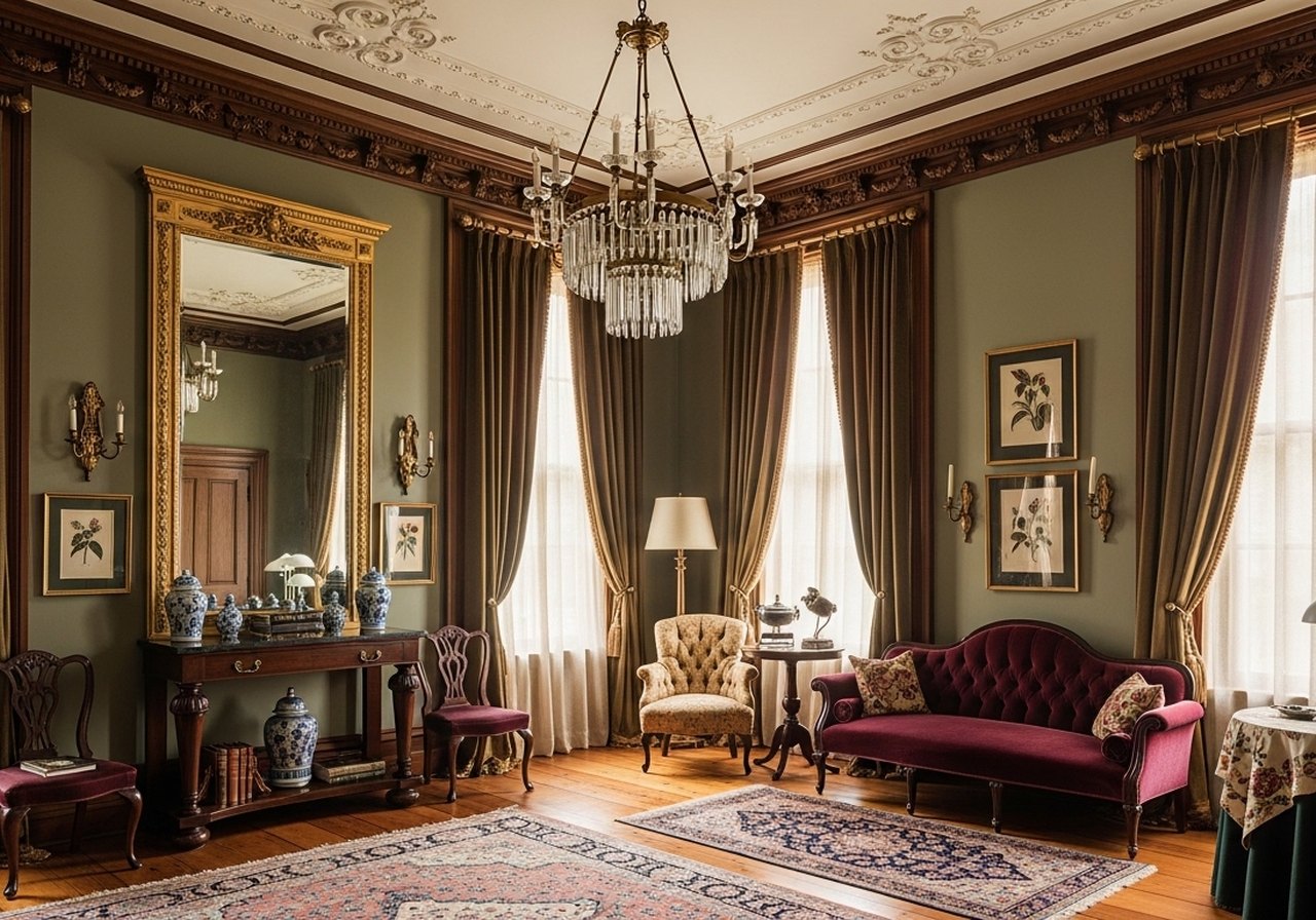 Framed paintings hung on a painted wall in an old house parlour